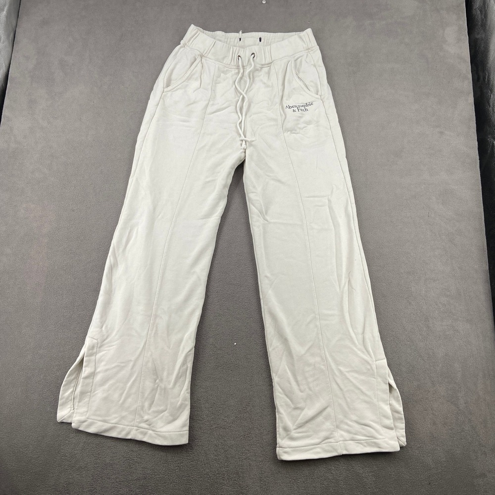 Abercrombie & Fitch Wide Leg Sweatpants Cream Fleece Joggers Small Slit Hem